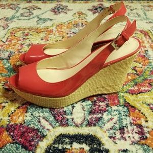 Red patent leather, espadrille, sling-back, wedge